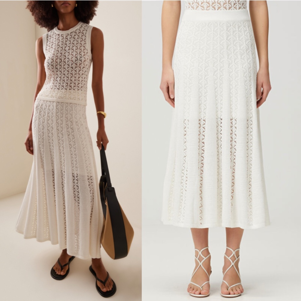 Zimmermann Wylie Flared Cotton Sweater Knit Midi Skirt Ivory US 12 AU 4 NWT